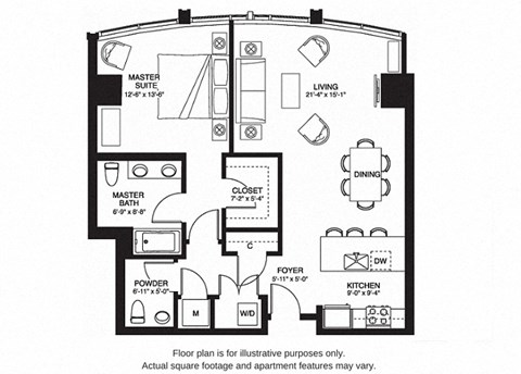Floor plan for 1 bed, 1.5 baths, 990 sqft